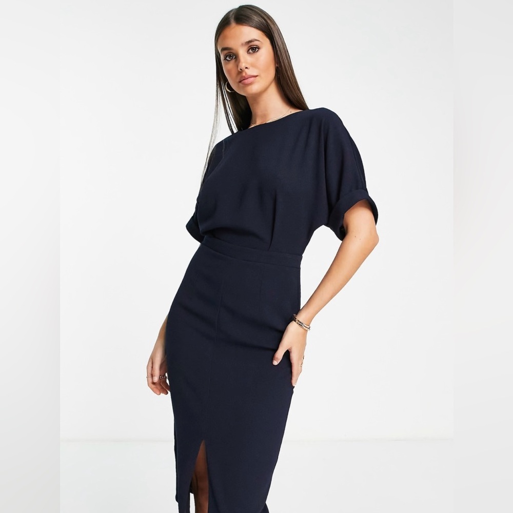 NWT [ASOS] Wiggle Pleated Midi Cap Sleeve Scoop Neck Black Dress Women’s Sz 2 - Picture 4 of 12